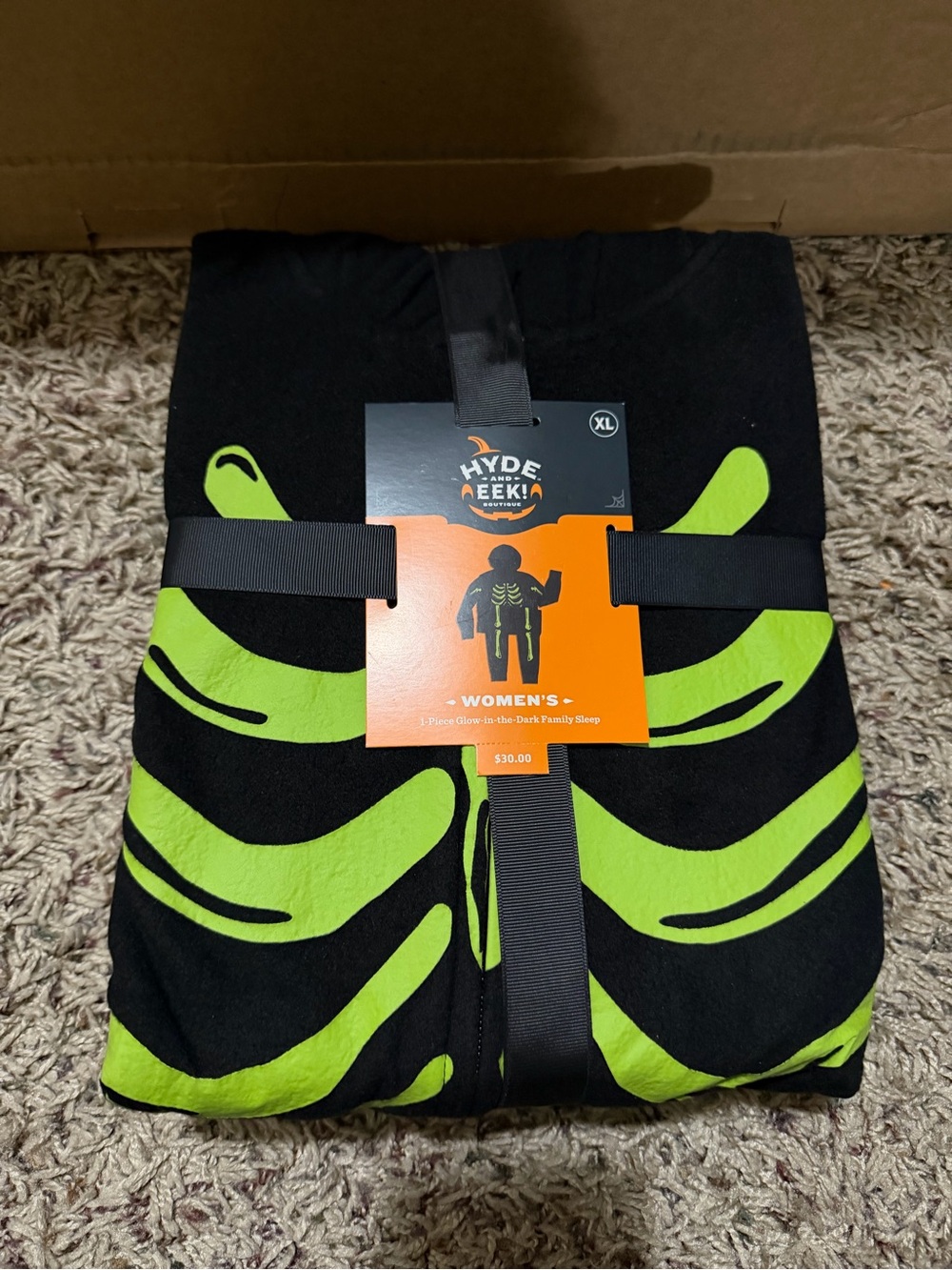 Women's Black Pajama Set with Neon Green Skeleton Print - XL